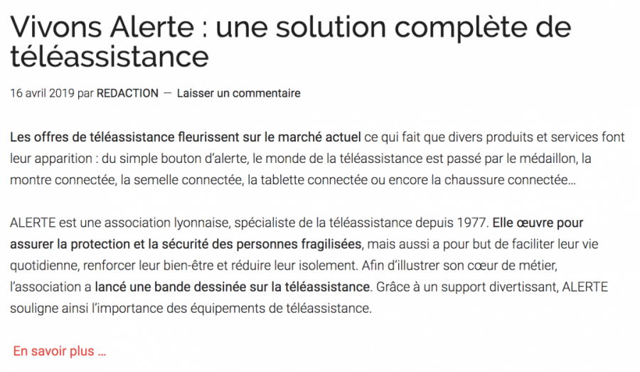 article sur la téléassistance Alerte par la Silver Eco